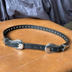 The Kooples Black Leather Waist Belt with Silver Buckles Small